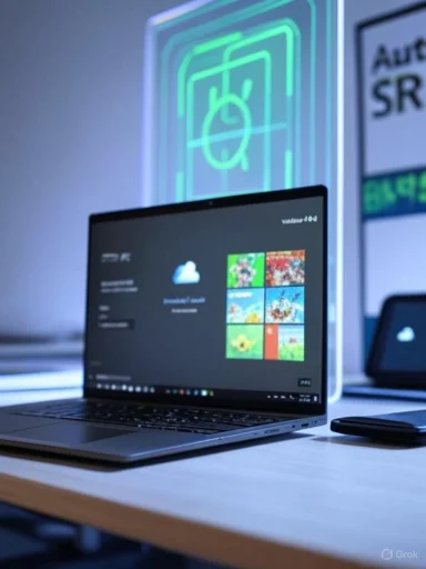 A sleek silver laptop on a desk displays Windows tiles, with a neon green holographic backdrop.