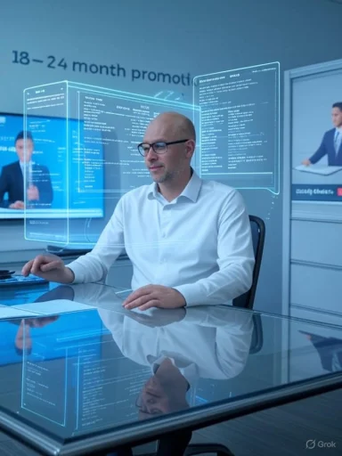 A man in a white shirt sits at a glass desk beneath blue holographic screens.