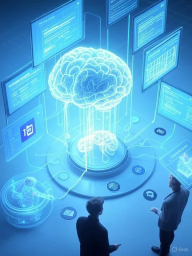 A futuristic lab with a glowing holographic brain surrounded by multiple screens.