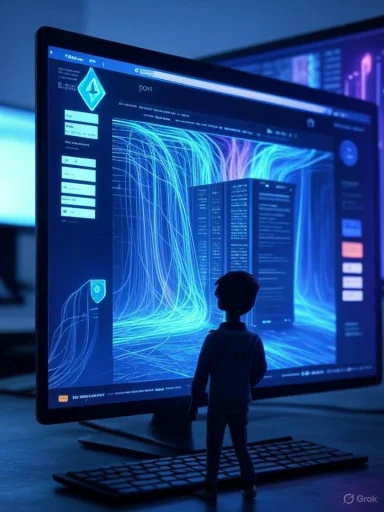 A small figurine stands before a large monitor displaying glowing blue data streams.