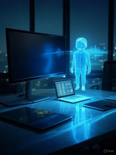 A glowing blue holographic figure hovers beside a laptop in a futuristic office.