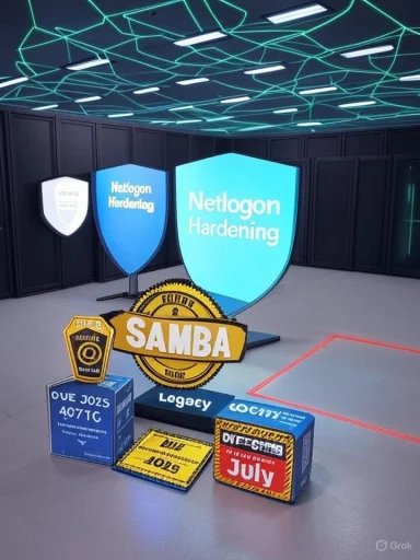Futuristic exhibit with shield signs for Netlogon Hardening and Samba in a neon-lit room.
