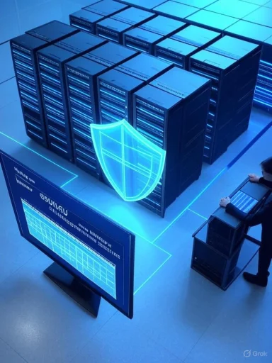 Blue-tinted data center with racks of servers and a glowing shield emblem.