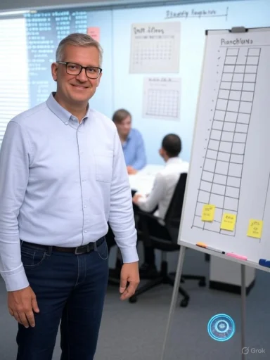 Smiling man in glasses stands beside a flip chart in a bright office.