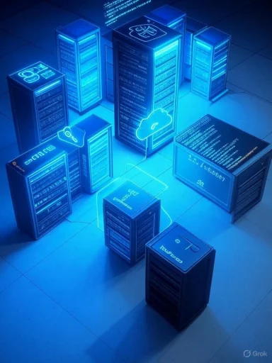 Futuristic data center with glowing blue servers and cloud icons.