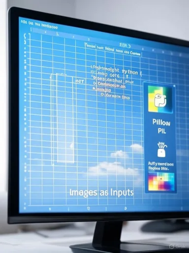 A monitor displaying a blue grid slide titled “Images as Inputs” with a Pillow PIL panel.