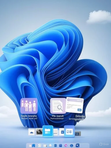 A surreal blue paper-sculpture spirals upward against a pale sky, with floating app icons at its base.