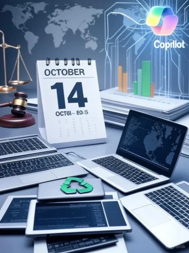 A futuristic tech desk with a calendar, gavel, scales of justice, multiple laptops/tablets, and a Copilot logo.