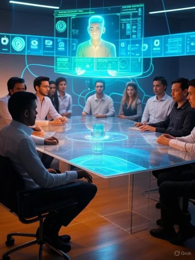 A diverse team gathers around a glowing holographic conference table with a presenter hologram.