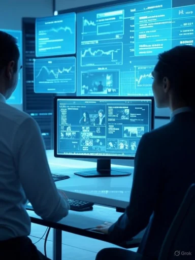 Two analysts monitor multiple screens displaying graphs and data in a blue-lit control room. Two analysts monitor multiple screens displaying graphs and data in a blue-lit control room.