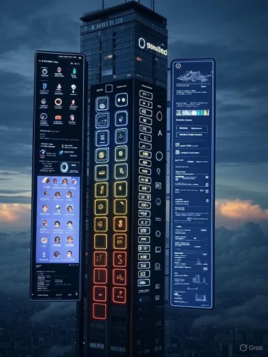 A futuristic skyscraper with three giant vertical screens displaying apps and data at dusk.