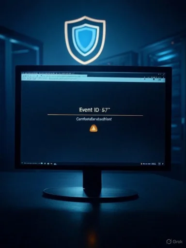 In a dark server room, a monitor shows Event ID 57 with a warning icon beneath a glowing shield logo.