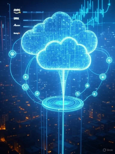 A neon blue holographic cloud computing diagram with orbiting data rings over a cityscape.