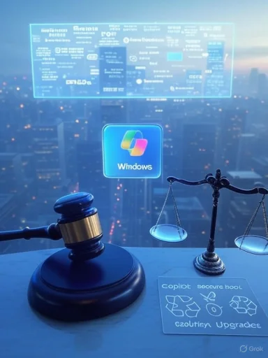 A futuristic courtroom workspace with a Windows hologram, gavel, and scales over a city skyline.
