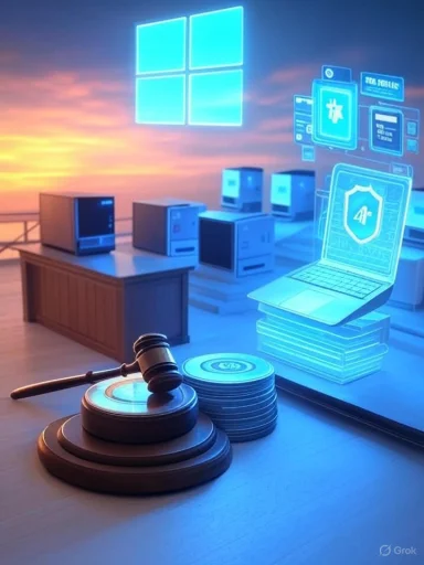 A futuristic courtroom scene featuring a gavel, stacks of disks, and holographic Windows tech. A futuristic courtroom scene featuring a gavel, stacks of disks, and holographic Windows tech.