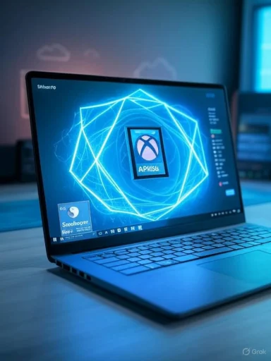 A laptop screen glows with a neon blue geometric ring surrounding an APKSIG app icon.