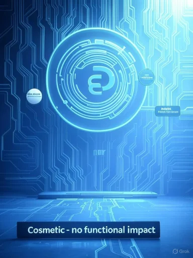 A futuristic blue holographic display on a pedestal reading 'Cosmetic - no functional impact'.