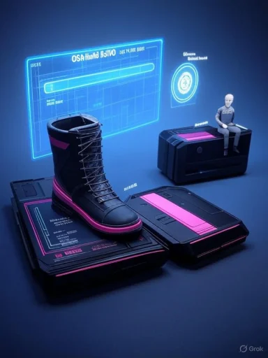 A neon-blue sci-fi display shows a pink-trimmed boot on a futuristic testing platform with holographic panels.
