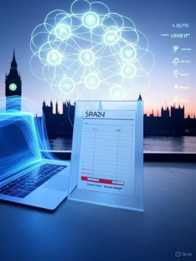Futuristic scene with a laptop, glowing neural network diagram, and the London skyline.