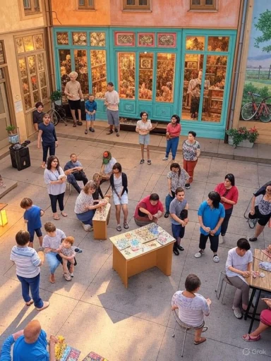People of all ages gather in a sunny courtyard for an outdoor art workshop. People of all ages gather in a sunny courtyard for an outdoor art workshop.
