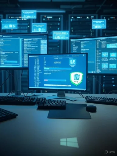 Blue-lit server room with multiple monitors, showcasing a cybersecurity operations setup.