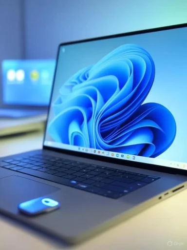 A sleek laptop displays a blue abstract wallpaper on a desk bathed in blue lighting.