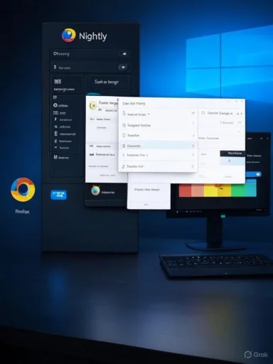 Blue-lit Windows desktop featuring the Nightly app window and floating monitor screens.