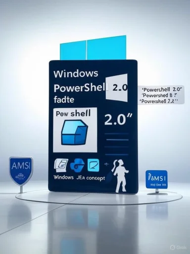 A 3D poster promoting Windows PowerShell 2.0 on a glossy white stage.