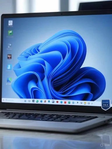 A laptop displays a blue abstract swirl wallpaper on Windows.