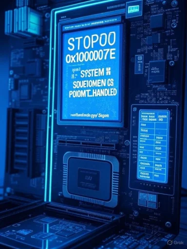 A blue-lit futuristic computer motherboard with a glowing STOP error screen.
