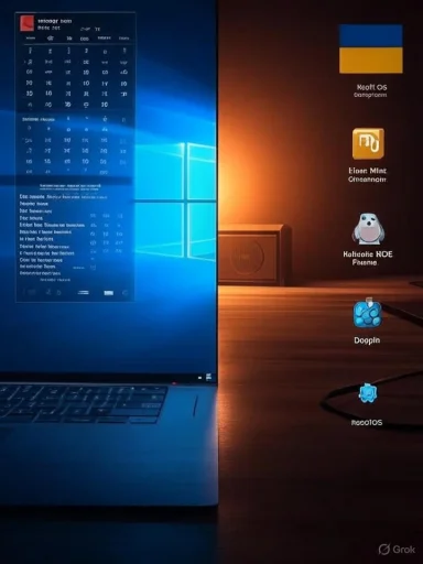Laptop on a desk shows a Windows desktop with blue left glow and warm orange right glow, adorned with icons.
