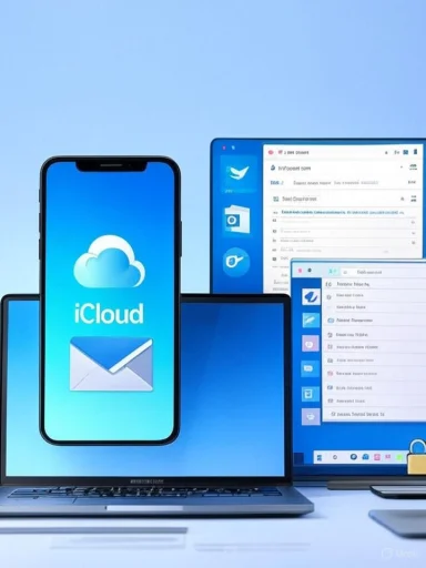 An iPhone displays the iCloud icon beside blue computer screens and laptops.