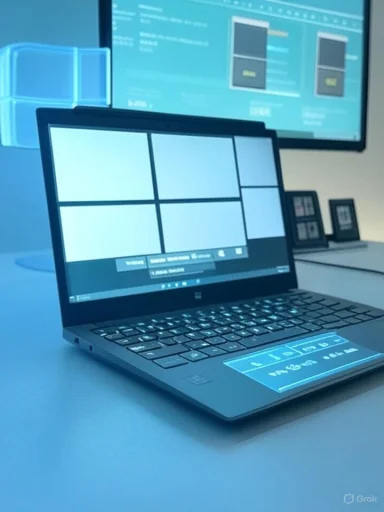 Laptop with a tiled Windows desktop on a desk, large monitor in the background.