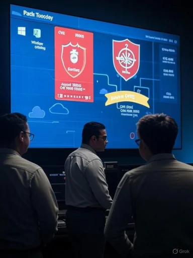 Three people in a control room stand before a large blue screen showing crest emblems.