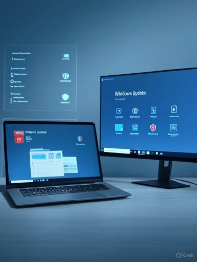 A laptop and an external monitor display a blue Windows-like interface.