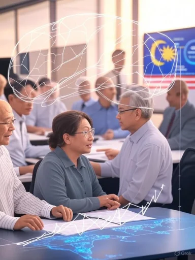 Team meeting with a drawn brain outline overhead and a blue world-map data chart on the table.