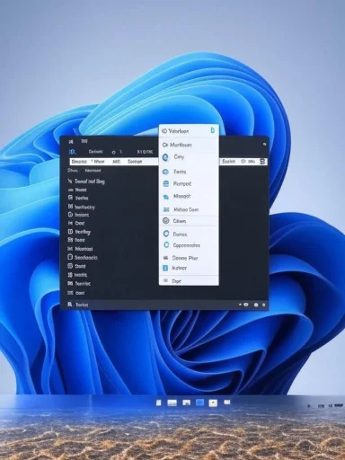 Windows 11 desktop with a floating app window over a blue abstract wallpaper.