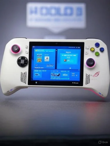 White handheld gaming console with dual joysticks, colorful buttons, and ROG branding.