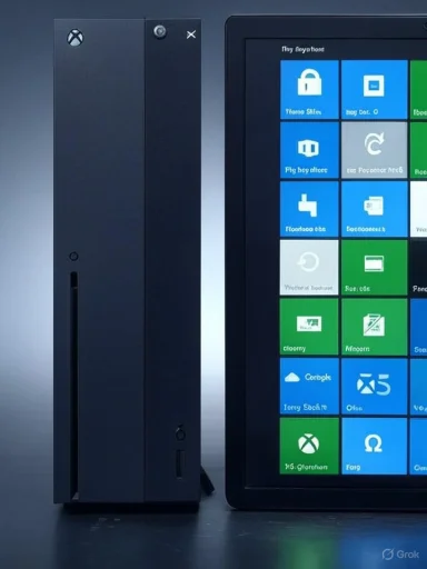 Xbox One console next to a Windows 8 tablet with a colorful tiled Start screen.