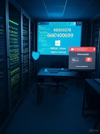 Blue-lit data center with server racks and a desk showing code and a shield icon.