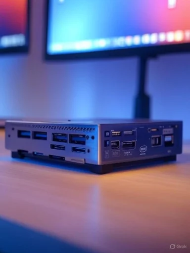 A compact mini PC with multiple USB ports sits on a desk in front of a colorful backlit monitor.