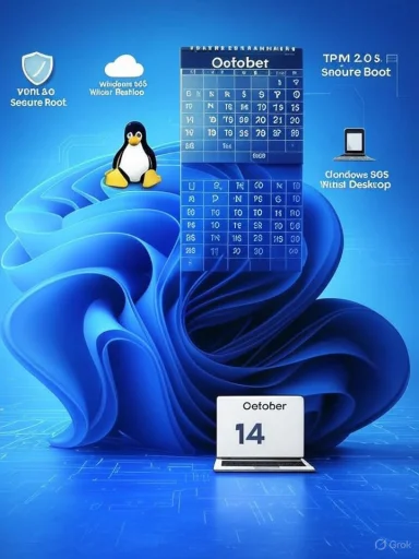 Blue tech collage featuring a penguin, floating October calendar, and a laptop displaying October 14.