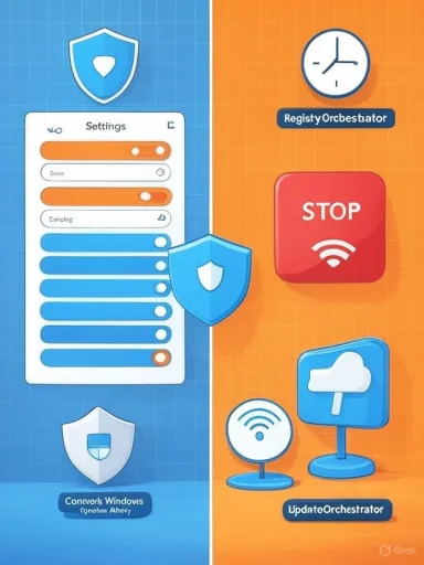 Split-screen infographic illustrating Windows security settings vs update and network controls.