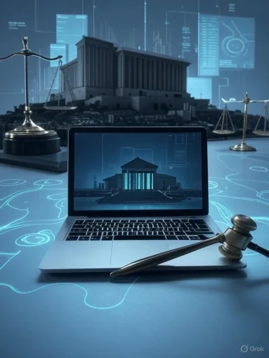 Digital justice: courthouse on a laptop with scales and a gavel.