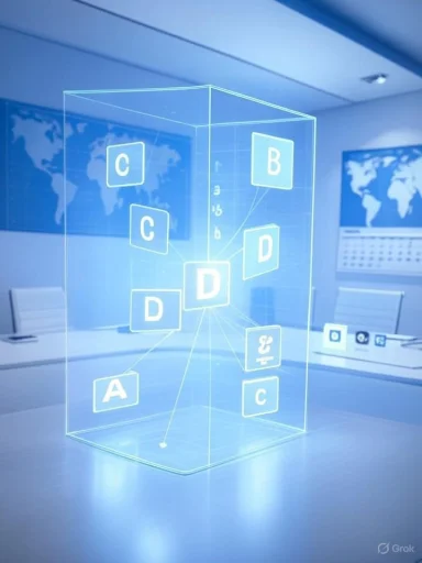 A glowing 3D holographic cube with interconnected nodes labeled A–D on a conference table.