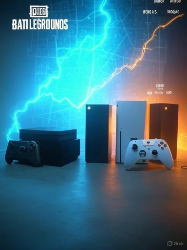 Row of game consoles and controllers in front of a neon blue Battlegrounds backdrop.