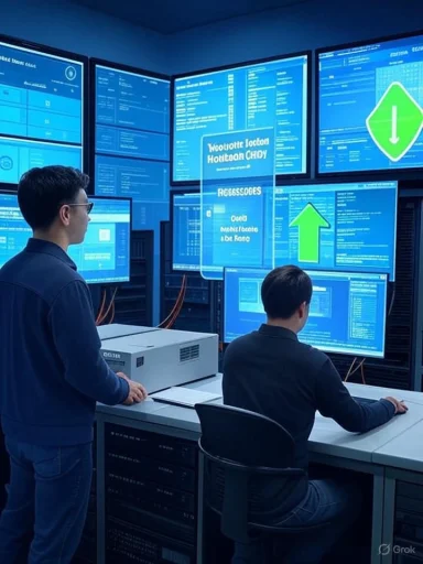 Two technicians monitor multiple blue dashboards in a high-tech data center.