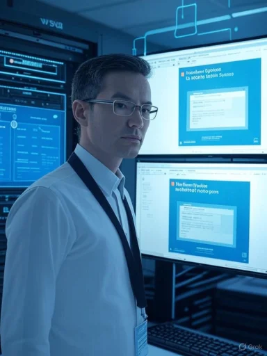 Tech professional in a data center monitors multiple blue-lit screens.