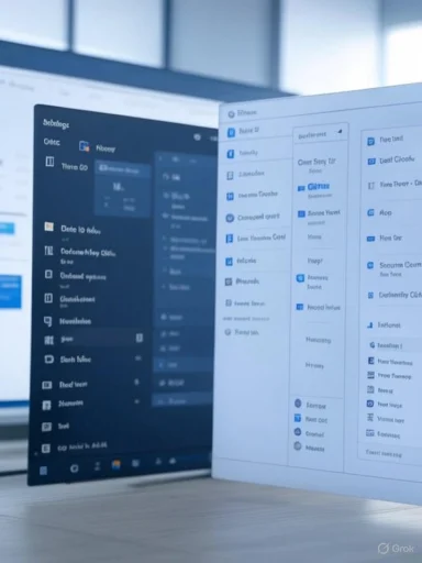 Two computer screens display different software dashboards, one dark mode and one light mode.