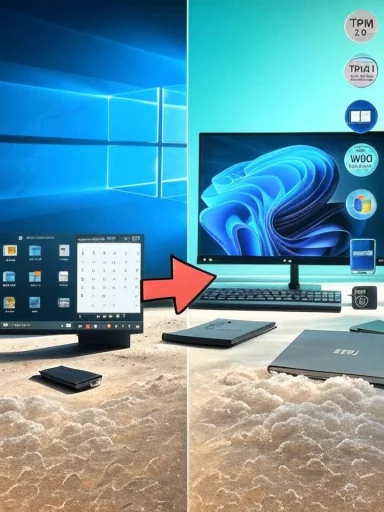 Split view: left shows a Windows desktop on a sandy beach, right shows a modern desk setup.